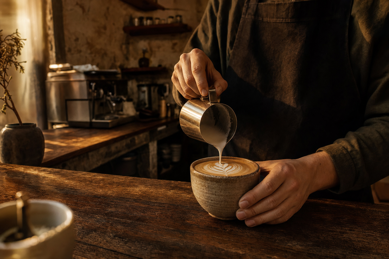 A barista pouring latte art into a handmade ceramic cup