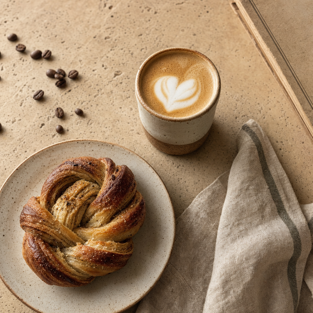 A cortado and cardamom bun arranged on a warm stone table